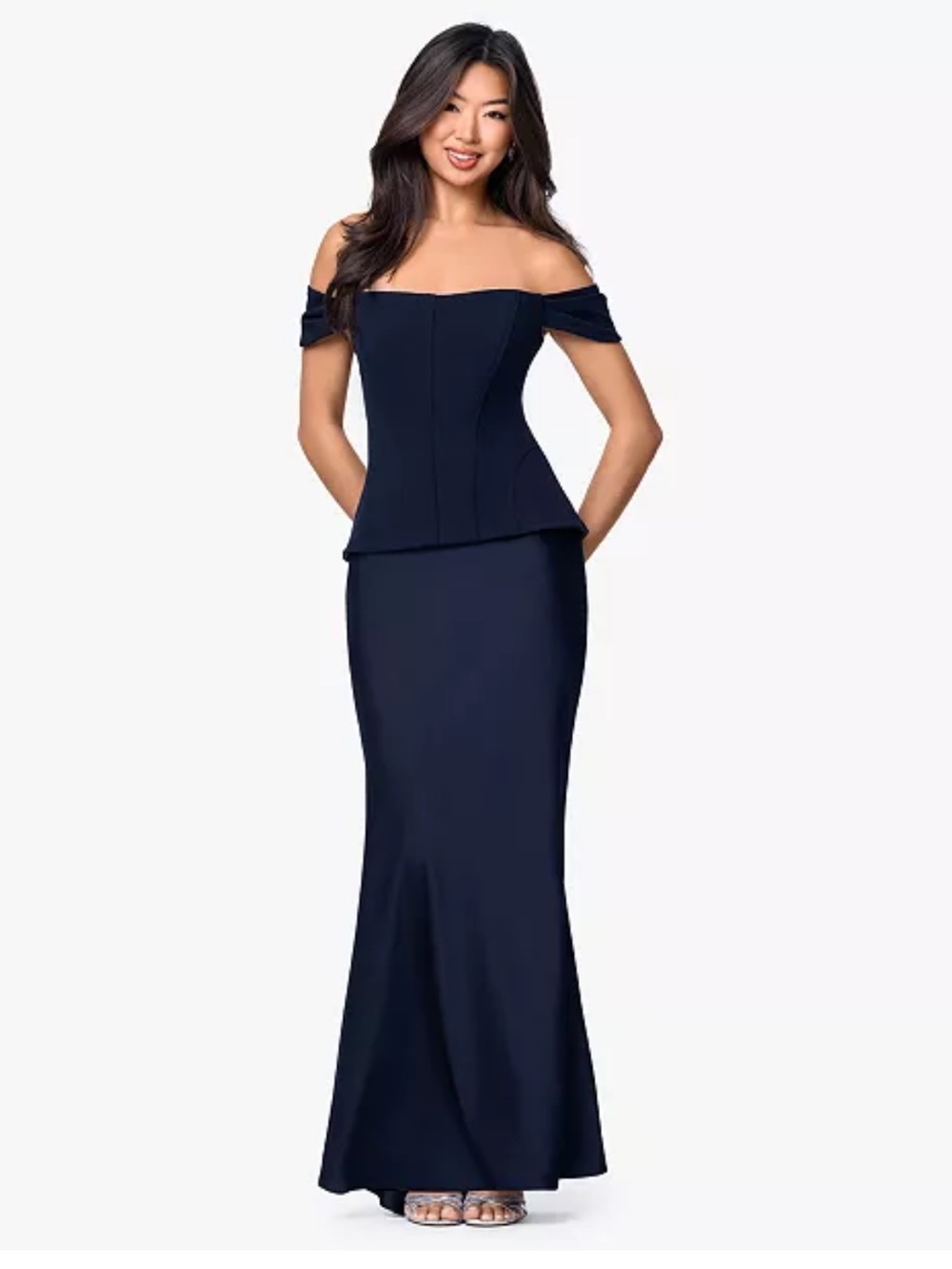 Betsy & Adam Off-the-Shoulder Mixed Media
Formal Long Gown Dress Navy Size 6